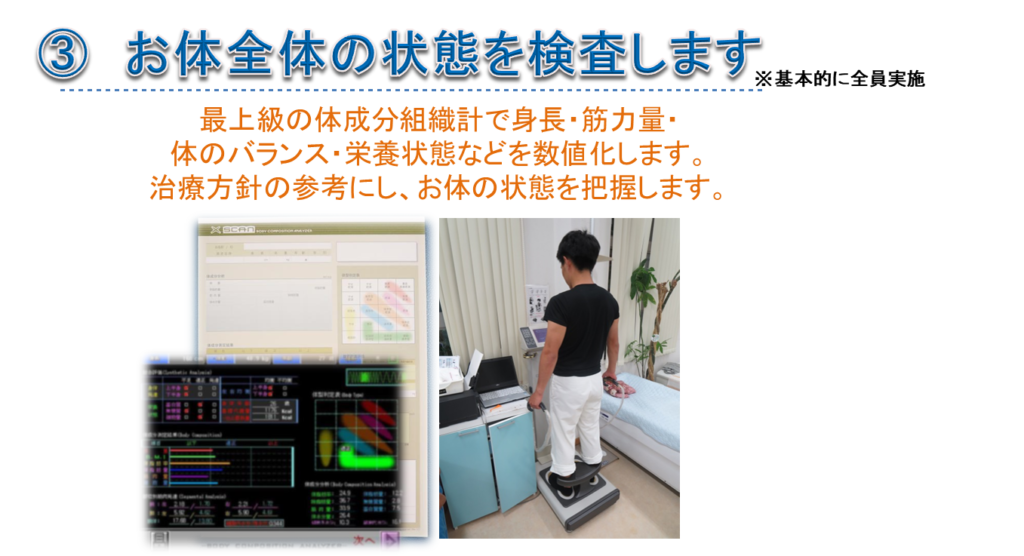 最上級の体成分組織計で身長・筋力量・ 体のバランス・栄養状態などを数値化します。 治療方針の参考にし、お体の状態を把握します。