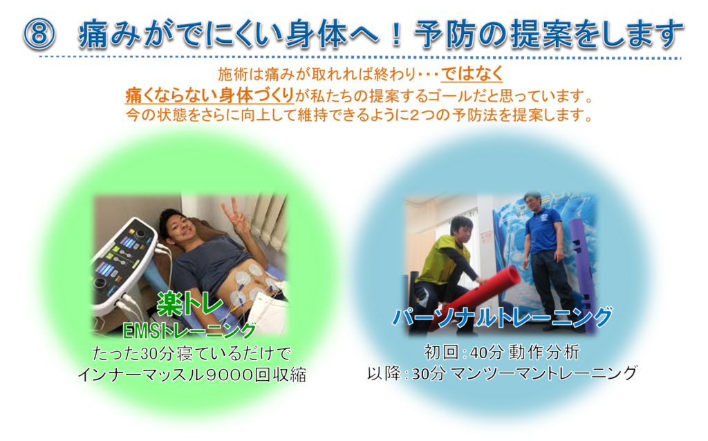 施術は痛みが取れれば終わり・・・ではなく 痛くならない身体づくりが私たちの提案するゴールだと思っています。 今の状態をさらに向上して維持できるように２つの予防法を提案します。